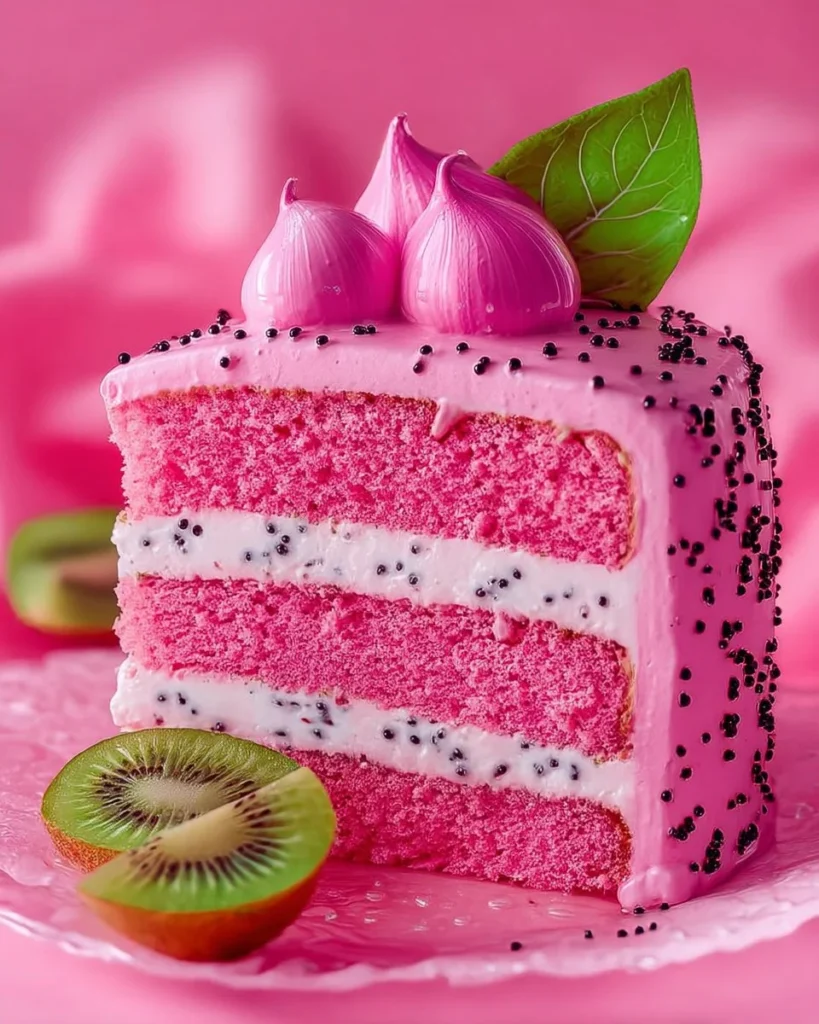 Pink Dragon Fruit Layer Cake with vibrant layers of pink and white frosting