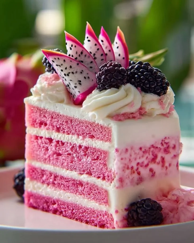 Beautifully layered Pink Dragon Fruit Cake with vibrant colors and fresh fruit
