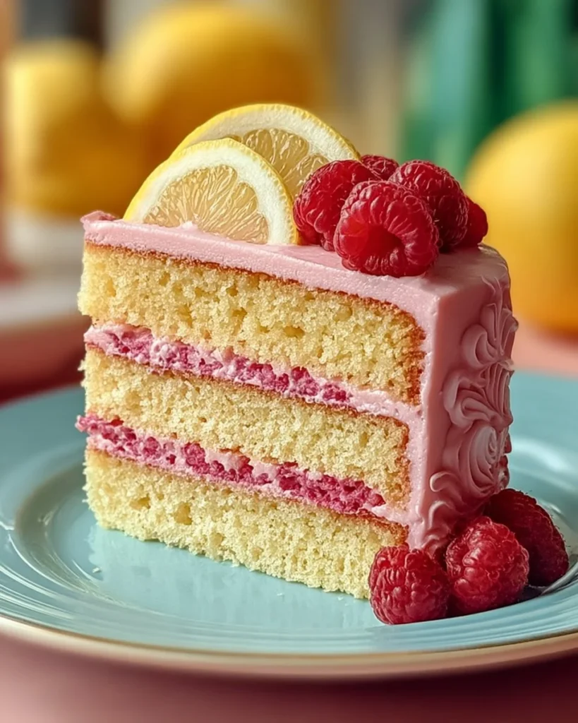 Slice of pink lemonade cake topped with pink icing and lemon slices