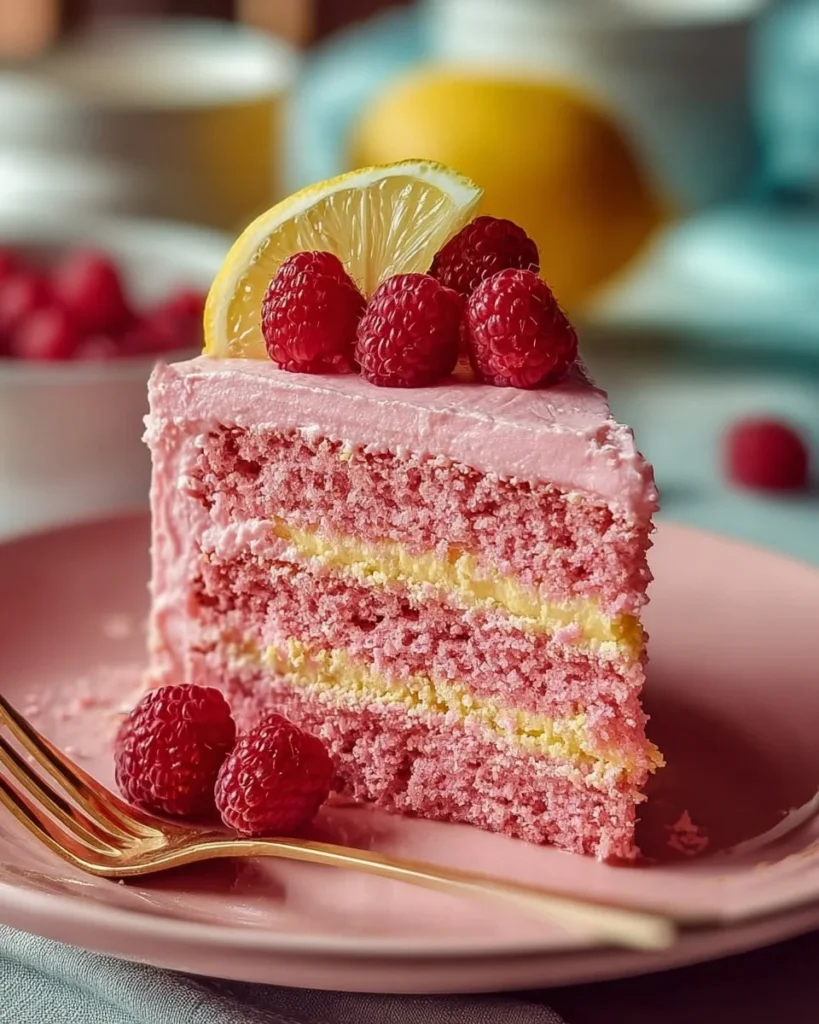 A slice of Pink Lemonade Cake topped with frosting and lemon slices