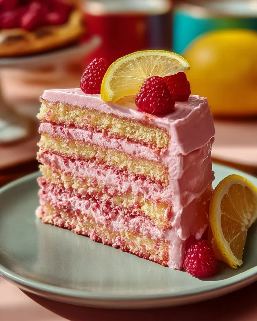 Slice of pink lemonade cake with icing and lemonade garnishes on a plate