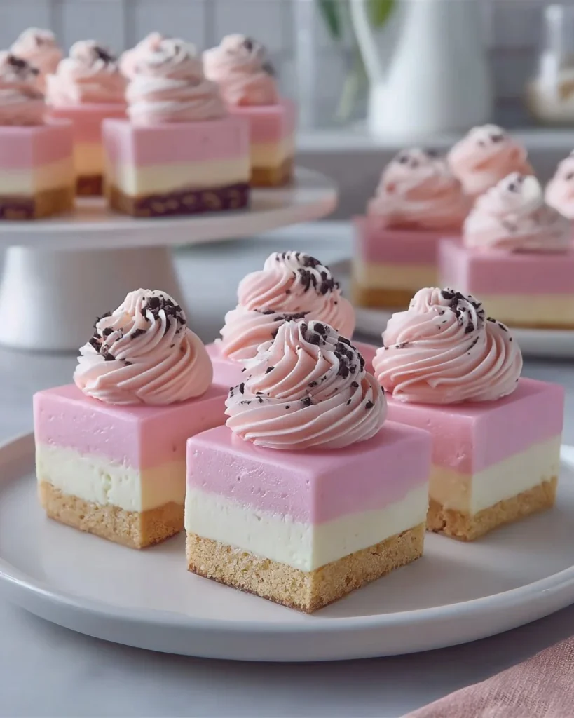 Delicious Pink Oreo Dream Bars with a creamy filling and Oreo crust.