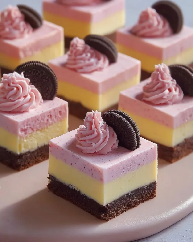 Pink Oreo Dream Bars topped with cream and crushed Oreos on a plate