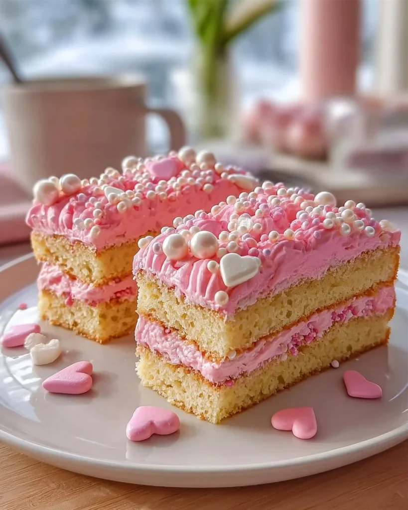 Slice of pink vanilla cake squares on a white plate