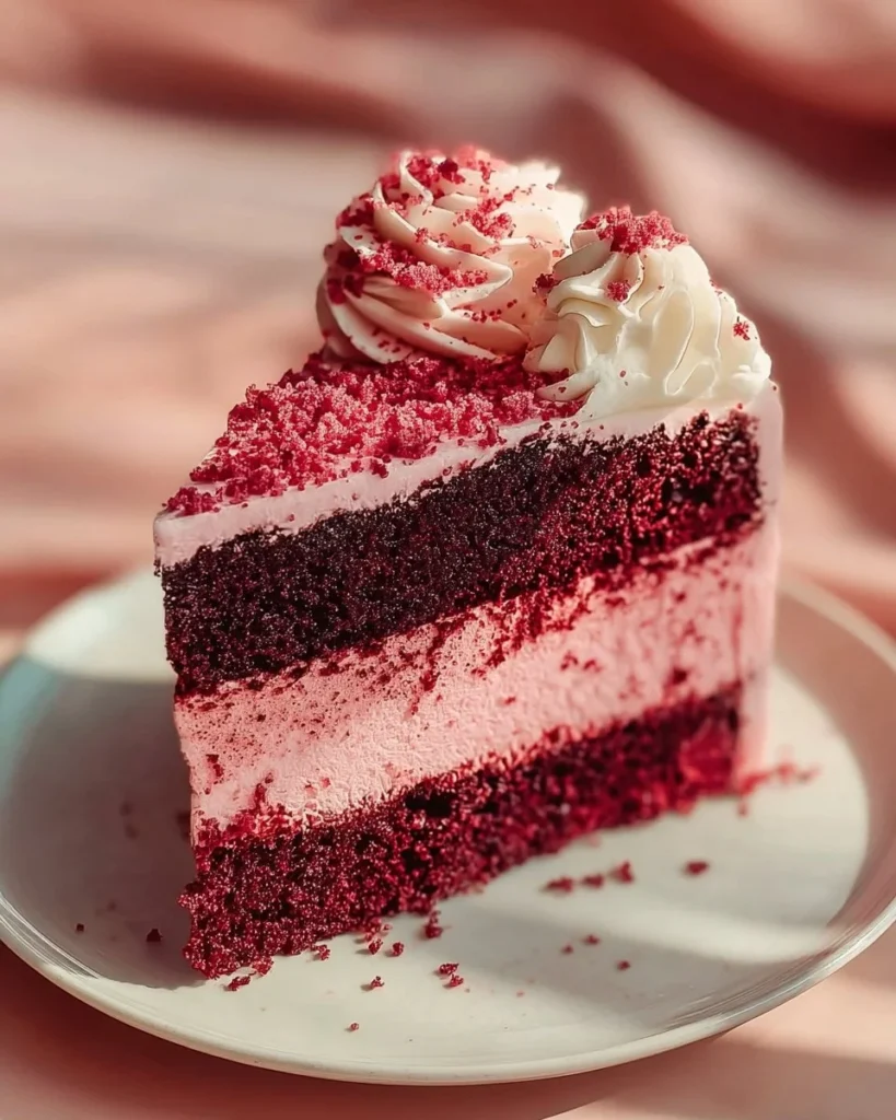 Slice of a beautiful Pink Velvet Dream Cake topped with cream cheese frosting