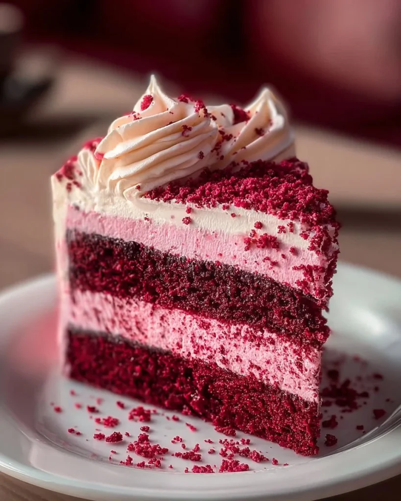 Pink Velvet Dream Cake topped with cream cheese frosting and edible flowers.