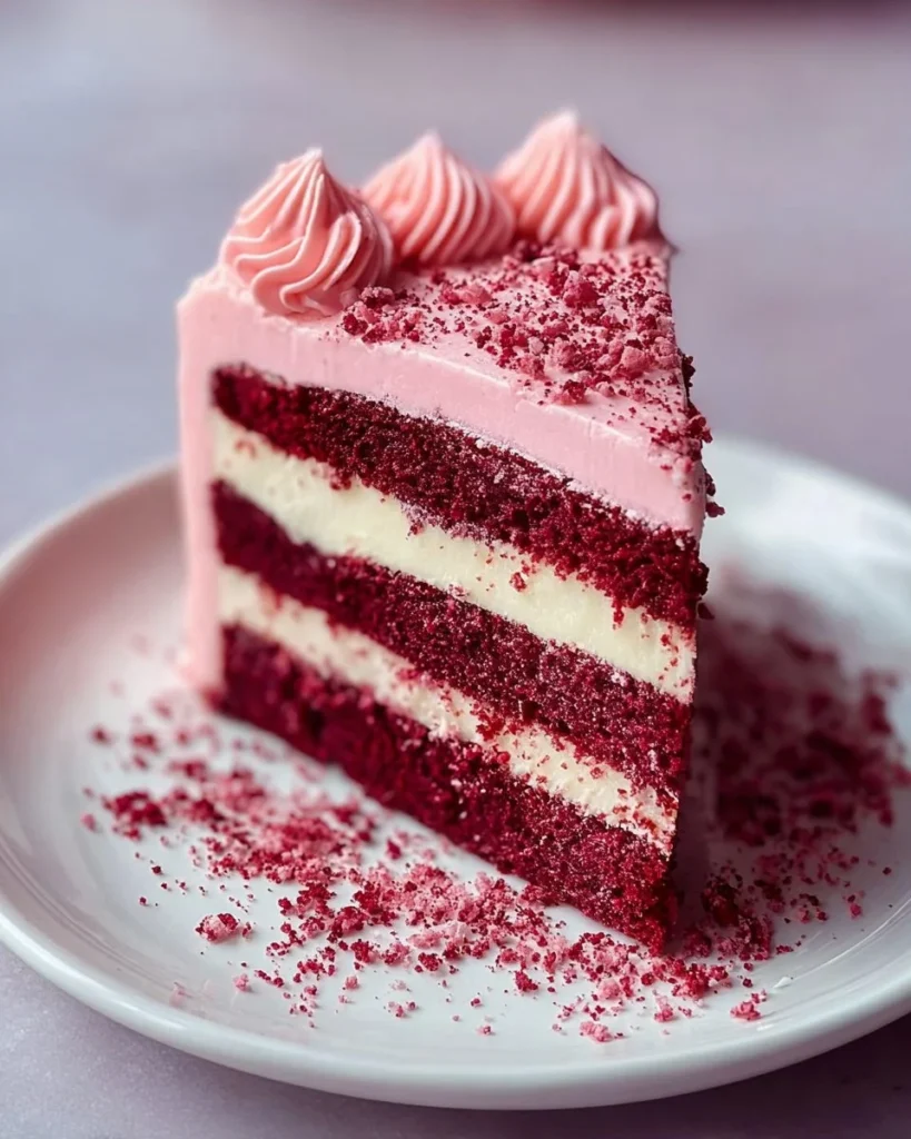 Pink Velvet Dream Cake with frosting and decorative sprinkles