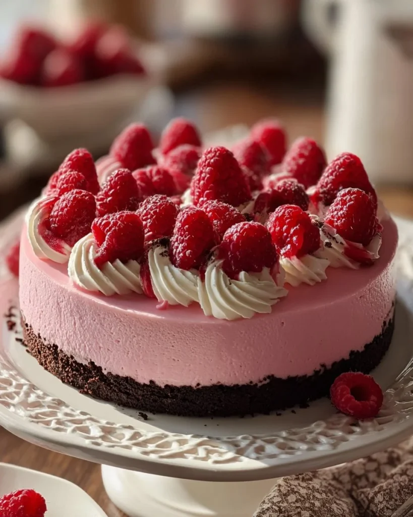 Pink Velvet Raspberry Cheesecake topped with fresh raspberries and whipped cream