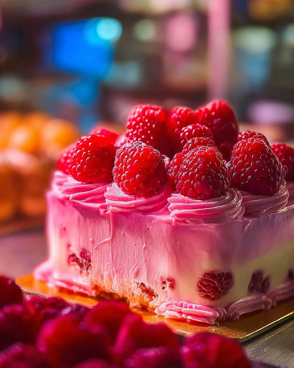Delicious pink velvet raspberry cheesecake with creamy frosting and fresh raspberries.