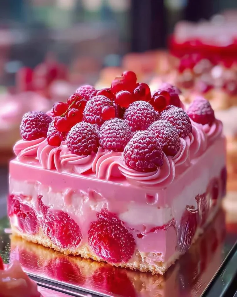 Pink Velvet Raspberry Cheesecake topped with fresh raspberries and cream