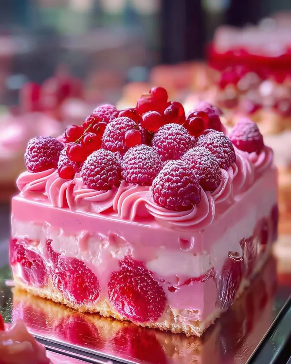 Pink Velvet Raspberry Cheesecake topped with fresh raspberries and cream