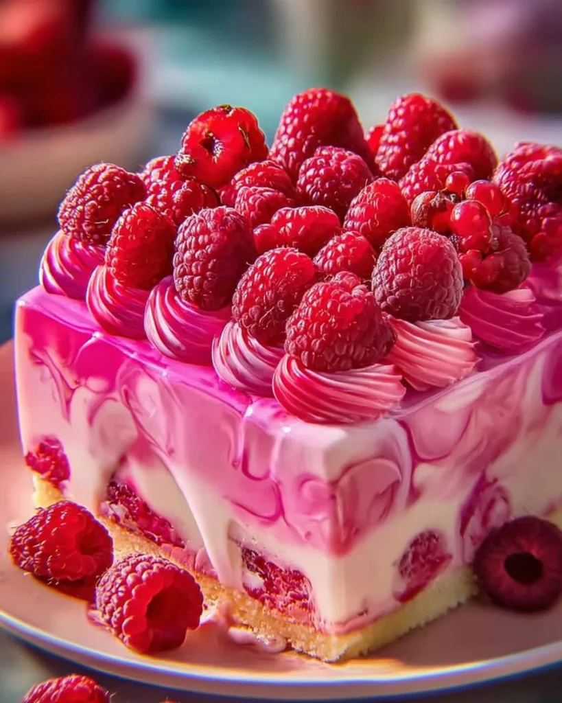 A luscious pink velvet raspberry cheesecake topped with fresh raspberries and cream.