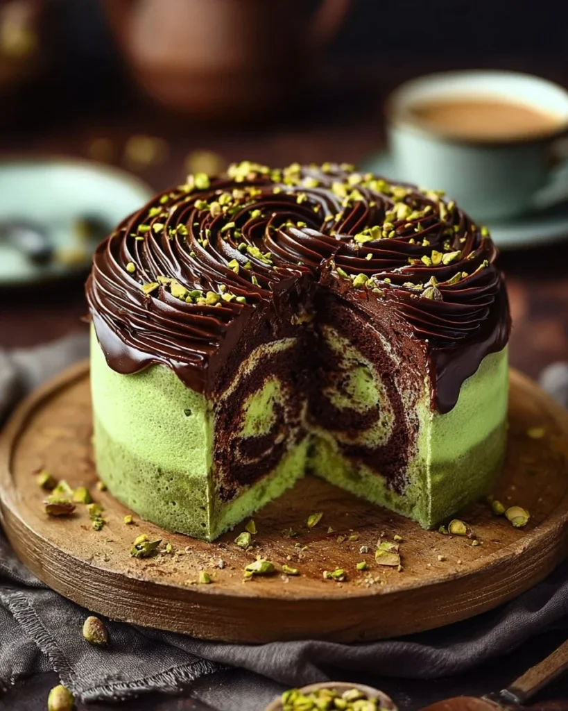 Pistachio and chocolate marble cake slice with rich swirls on a white plate
