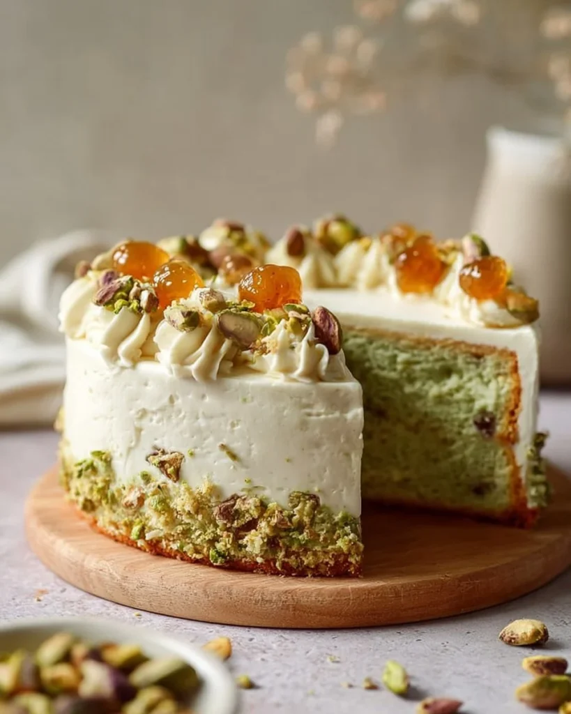Pistachio cake topped with whipped honey mascarpone served on a decorative plate