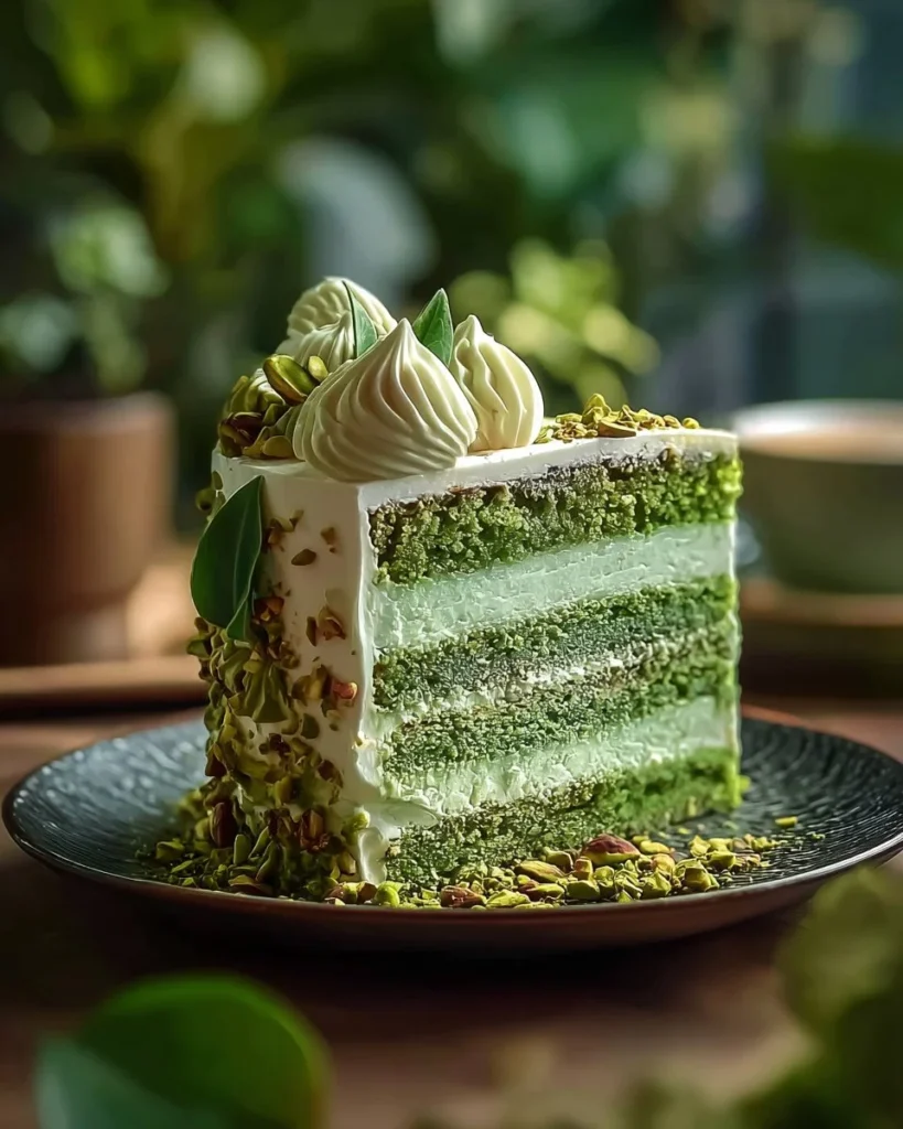 Delicious Pistachio Cream Cake with rich green layers and creamy frosting.