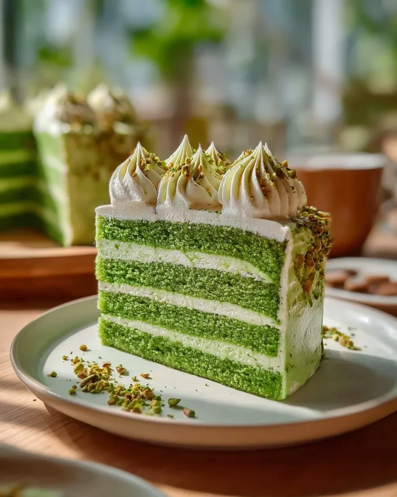 Delicious homemade Pistachio Cream Cake topped with creamy frosting and pistachios