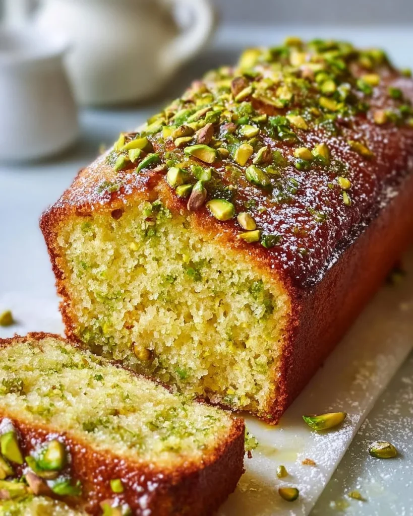 Sliced Pistachio Lemon Breakfast Bread on a wooden table