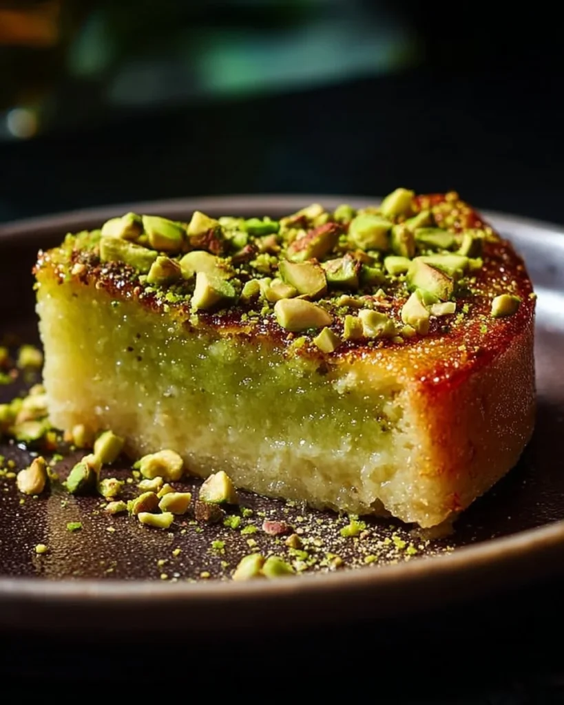 Delicious slice of Pistachio Butter Cake topped with green pistachio pieces