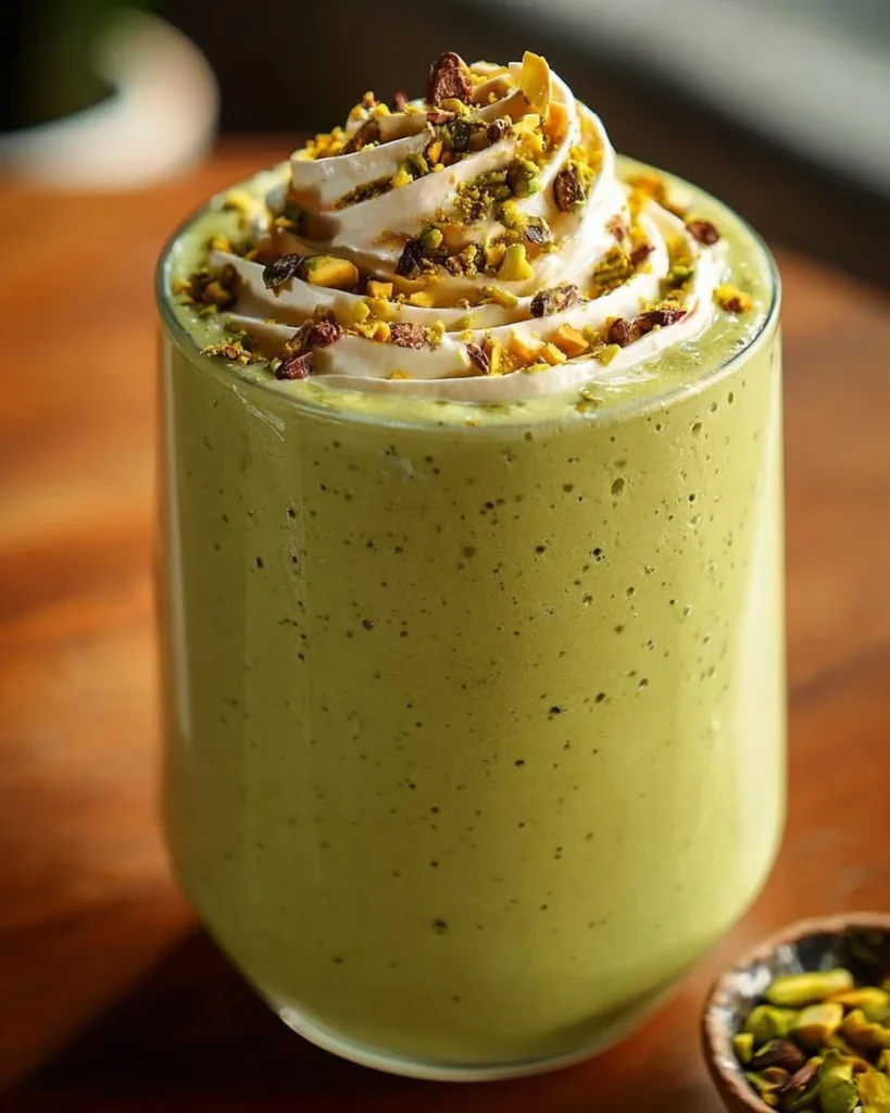 Delicious pistachio smoothie in a glass topped with crushed nuts