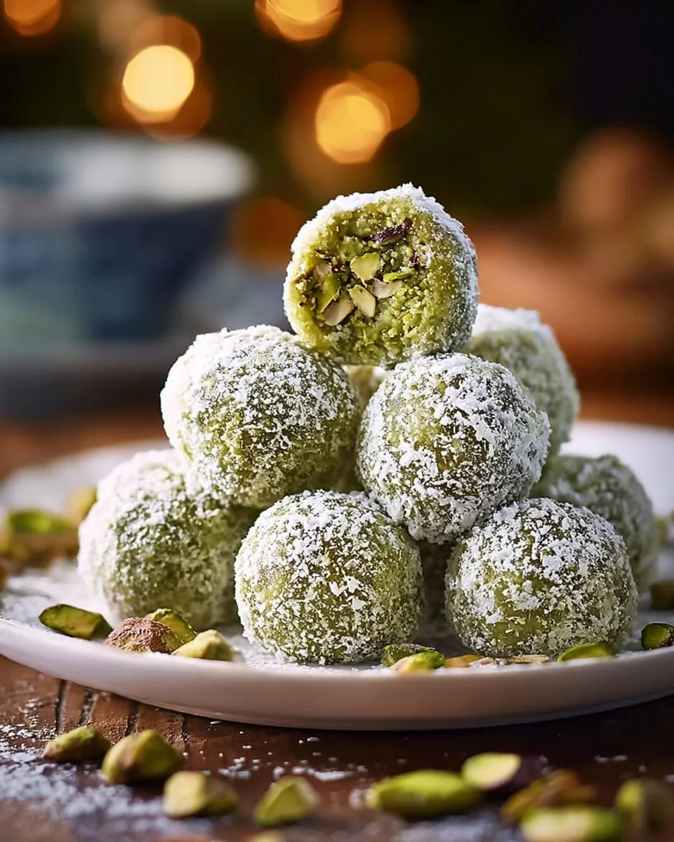 Pistachio Snowball Cookies decorated with powdered sugar on a festive plate