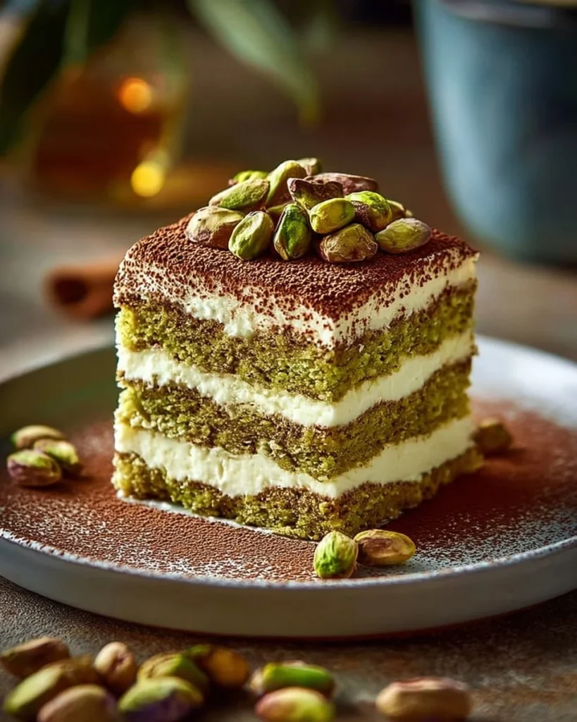 Delicious Pistachio Tiramisu garnished with crushed pistachios and cocoa powder