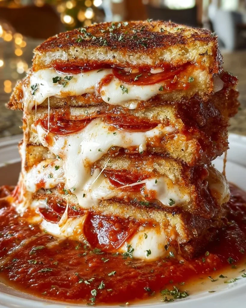 Delicious Pizza Grilled Cheese sandwich with gooey cheese and pizza toppings