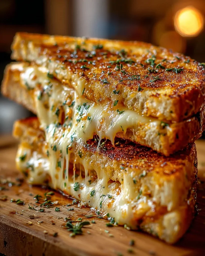Melted Pizza Grilled Cheese sandwich with gooey cheese and pizza toppings