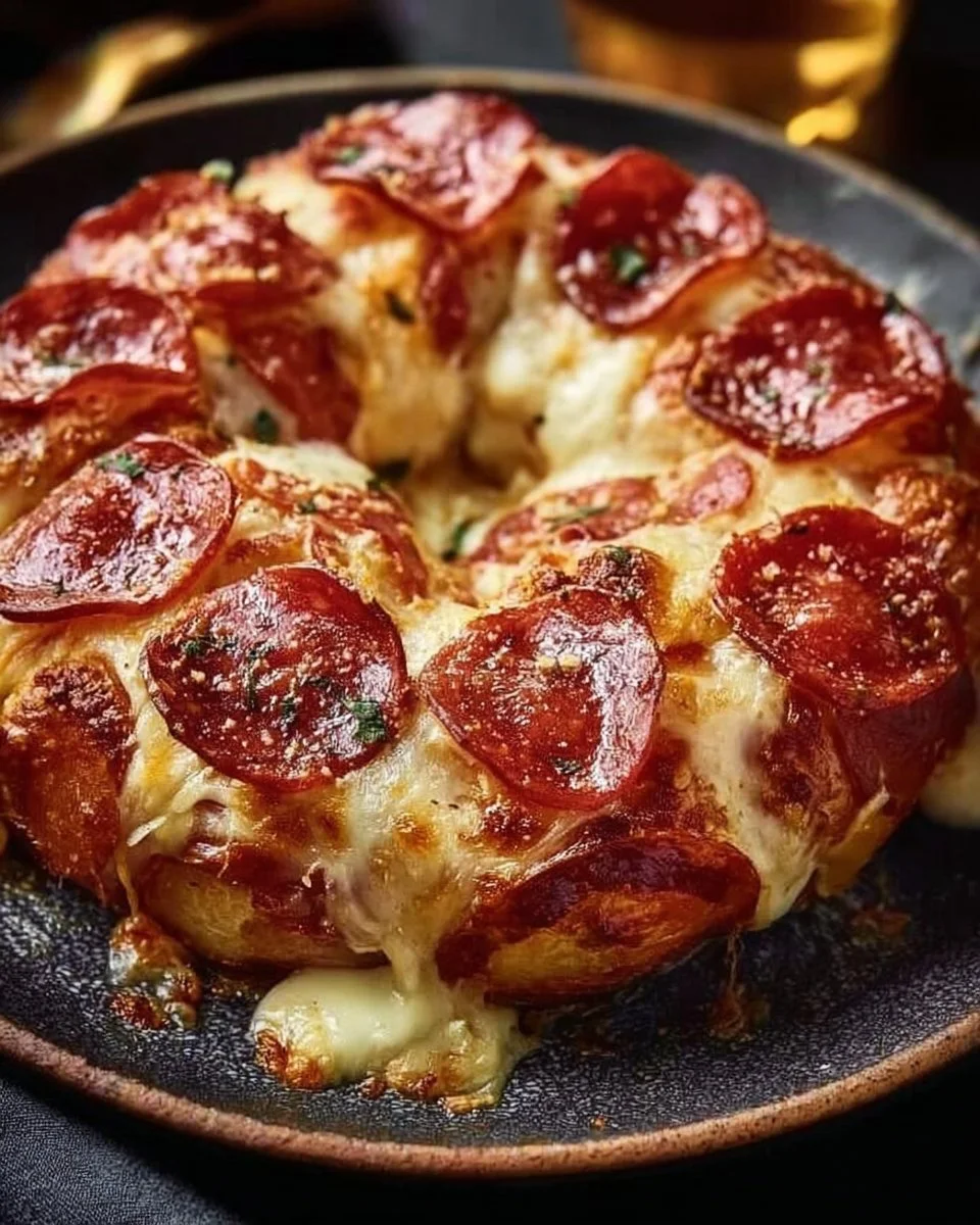 Cheesy Pizza Monkey Bread fresh out of the oven, served on a wooden board.