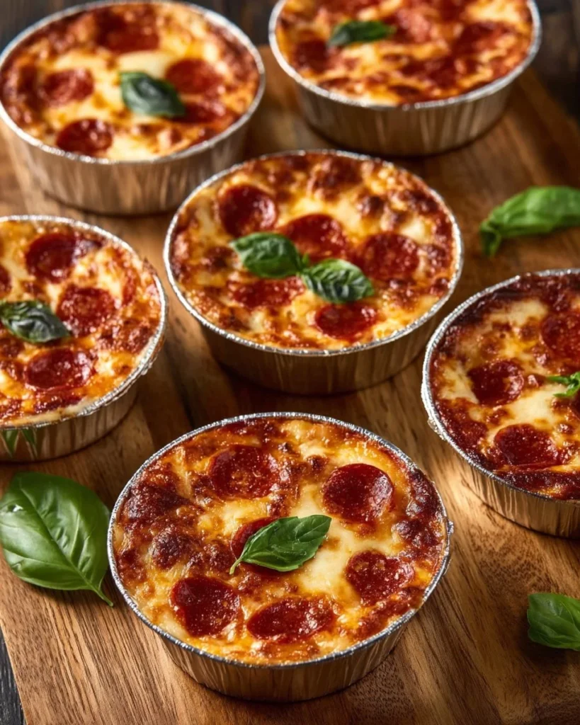 Homemade pizza pot pies topped with melted cheese and fresh ingredients