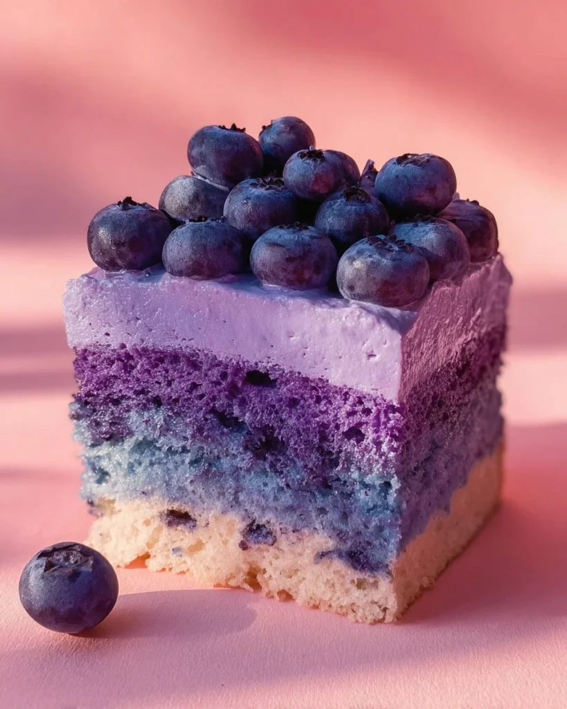 Plant-Powered Blueberry Dream Cake topped with fresh blueberries and whipped cream