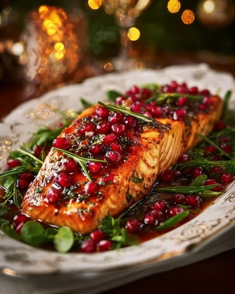 Pomegranate and Orange Glazed Salmon served on a plate