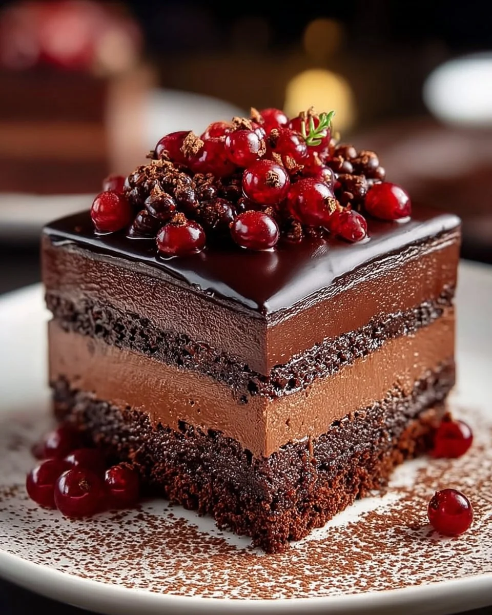 Delicious slice of Pomegranate Chocolate Fudge Cake topped with pomegranate seeds