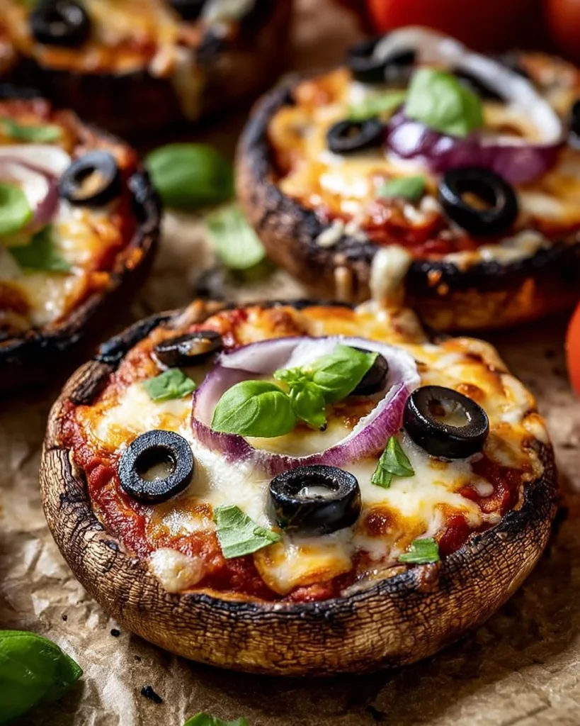 Delicious Portobello Mushroom Pizzas topped with fresh ingredients and cheese