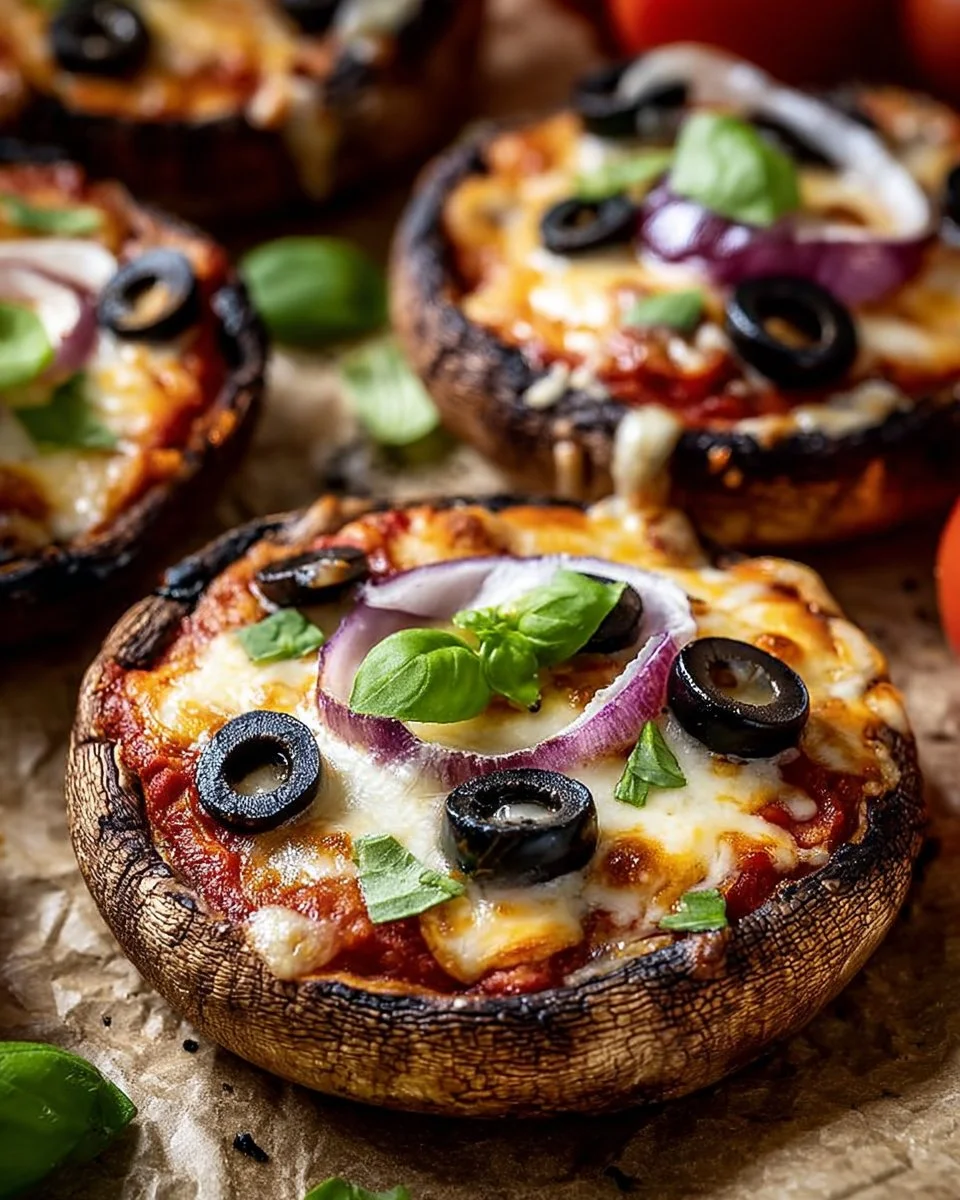 Delicious Portobello Mushroom Pizzas topped with fresh ingredients and cheese
