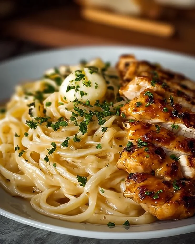 Poulet au beurre with garlic and lemon served with creamy parmesan linguine