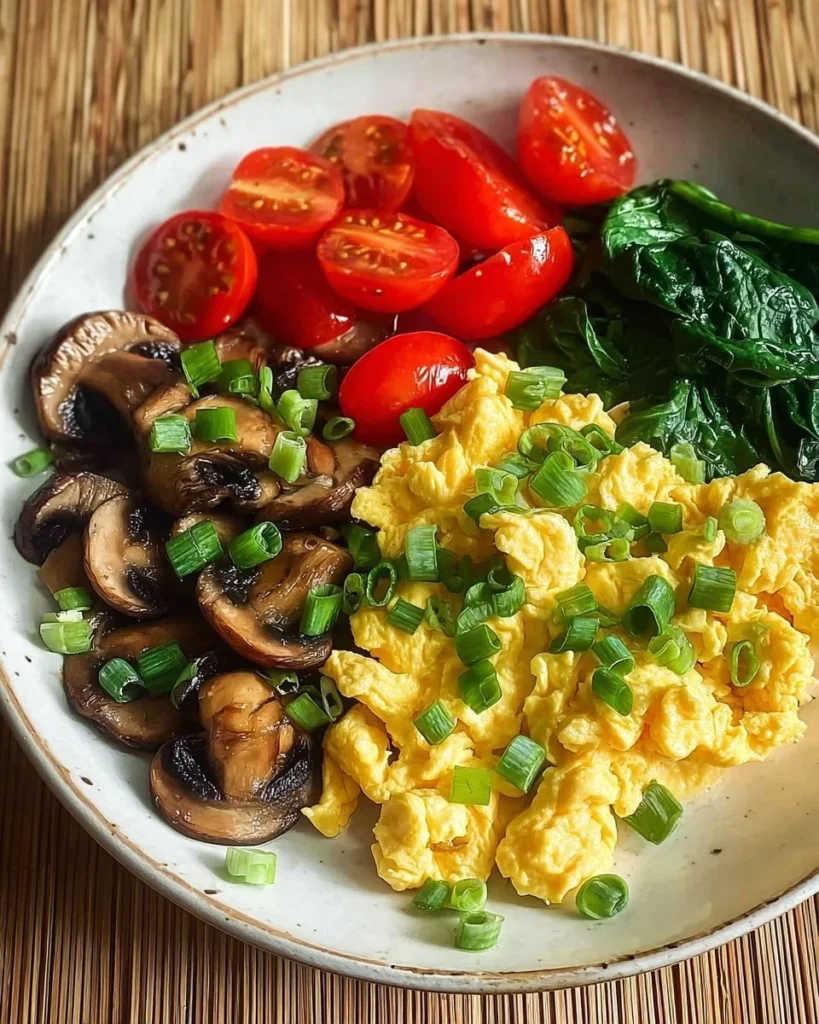 Healthy power breakfast plate with eggs, colorful veggies, and mushrooms