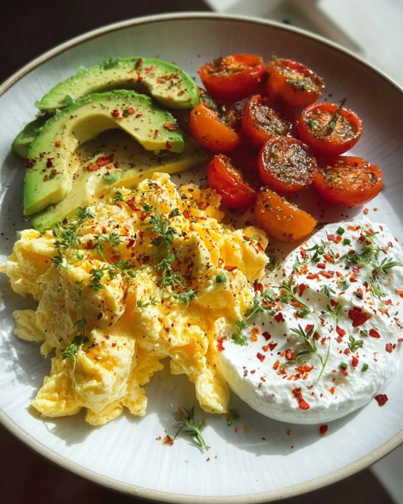 A delicious protein-packed breakfast plate featuring eggs, toast, and fresh fruit.