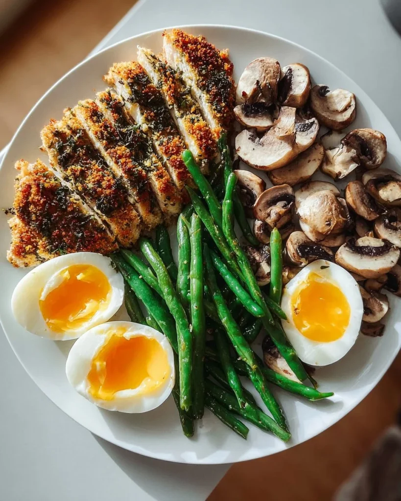 Protein Power Plate with herbed chicken, boiled eggs, and green beans