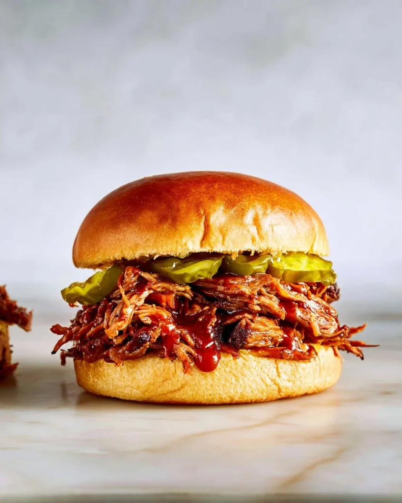 Delicious pulled pork sandwich served with coleslaw and barbecue sauce