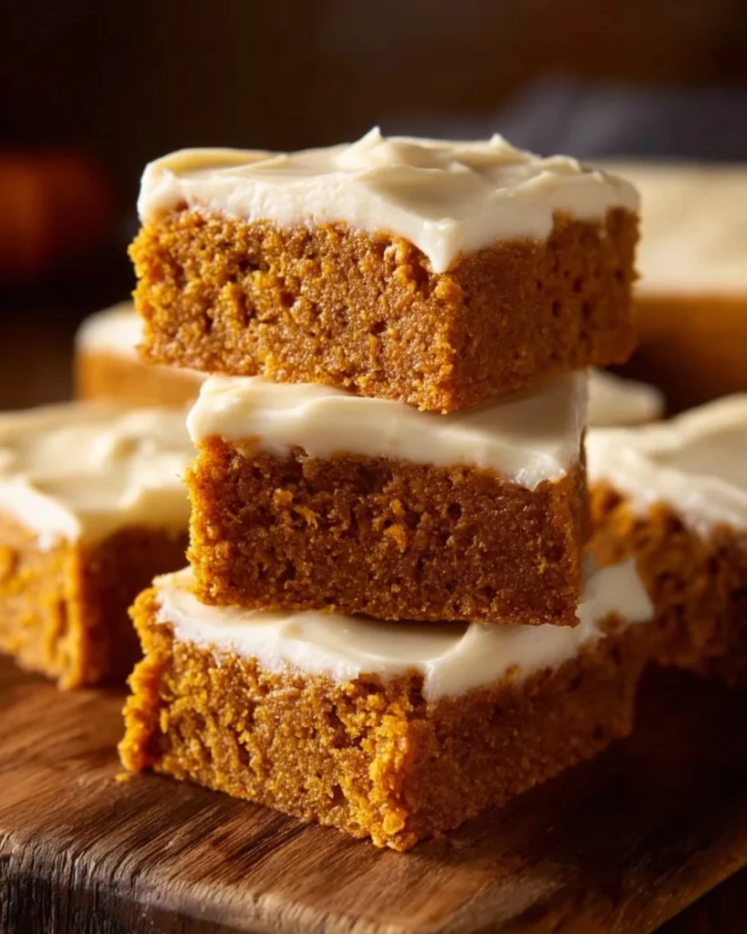 Delicious pumpkin bars with cream cheese frosting served on a plate