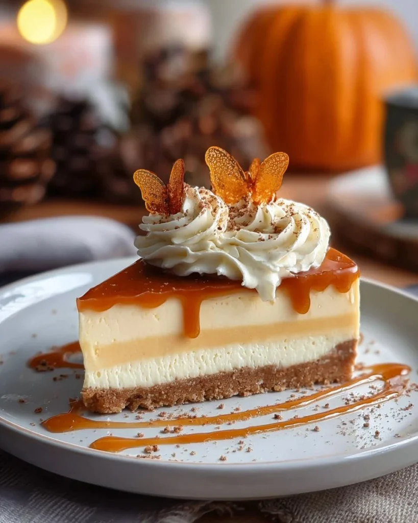 Delicious Pumpkin Caramel Cheesecake topped with caramel drizzle and spices