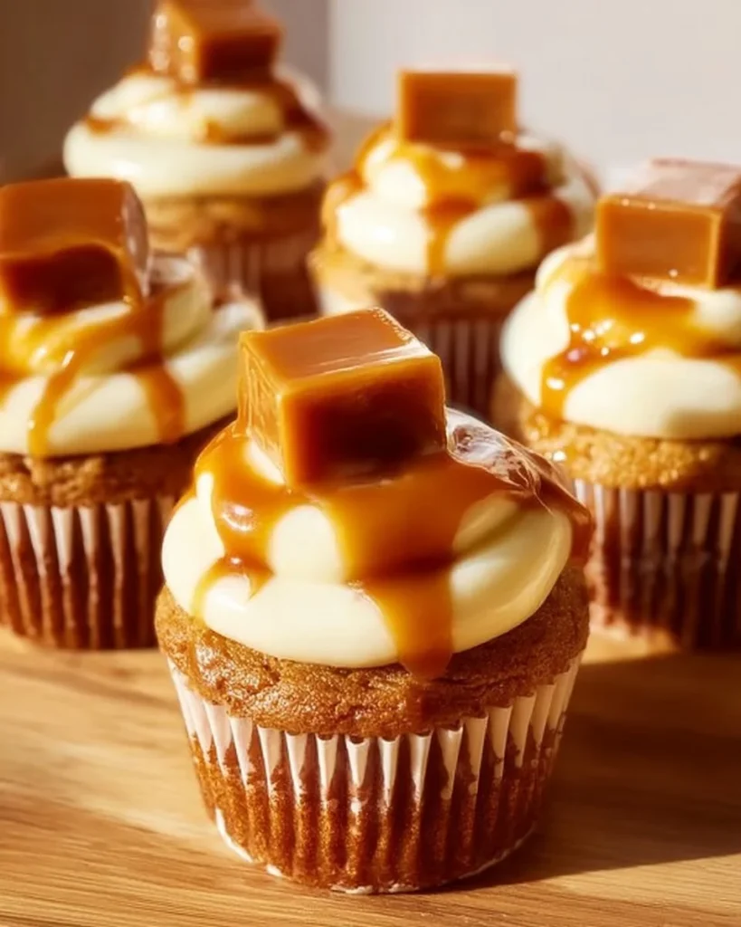 Pumpkin caramel cheesecake cupcakes topped with whipped cream and caramel drizzle