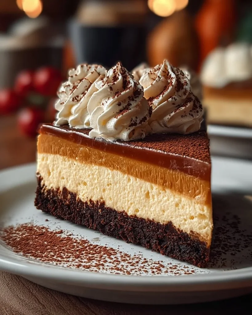 Delicious pumpkin cheesecake topped with whipped cream and spices.