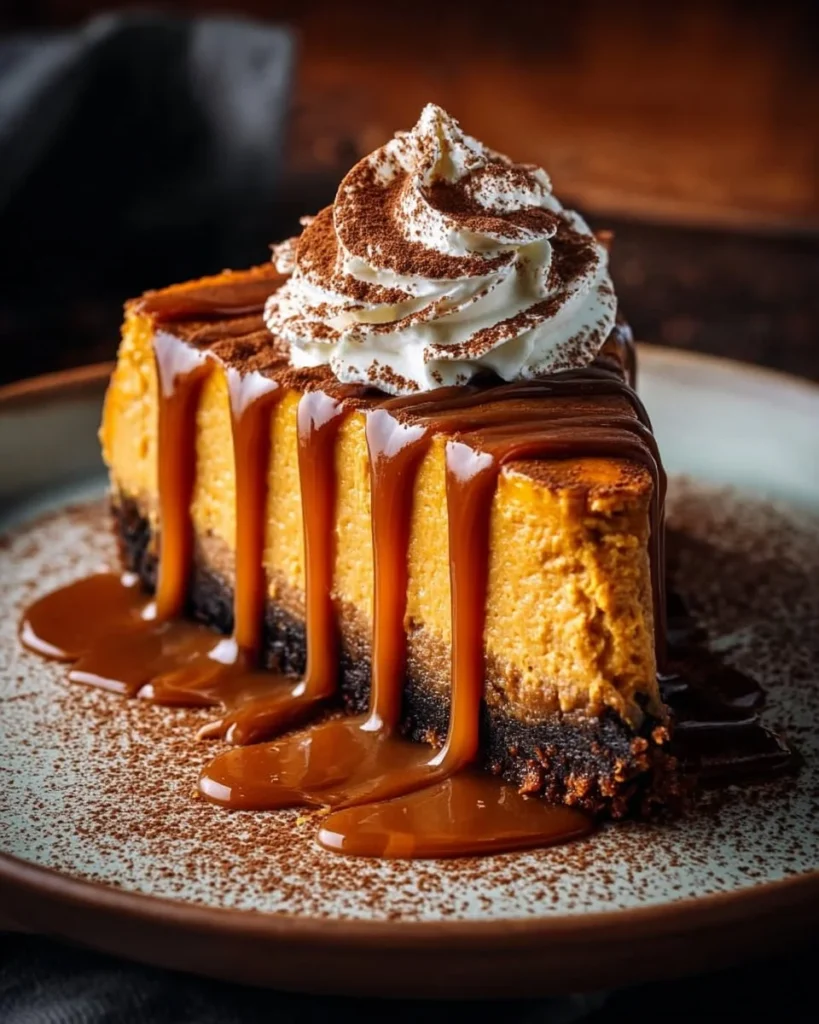 Delicious slice of pumpkin cheesecake topped with whipped cream and spices