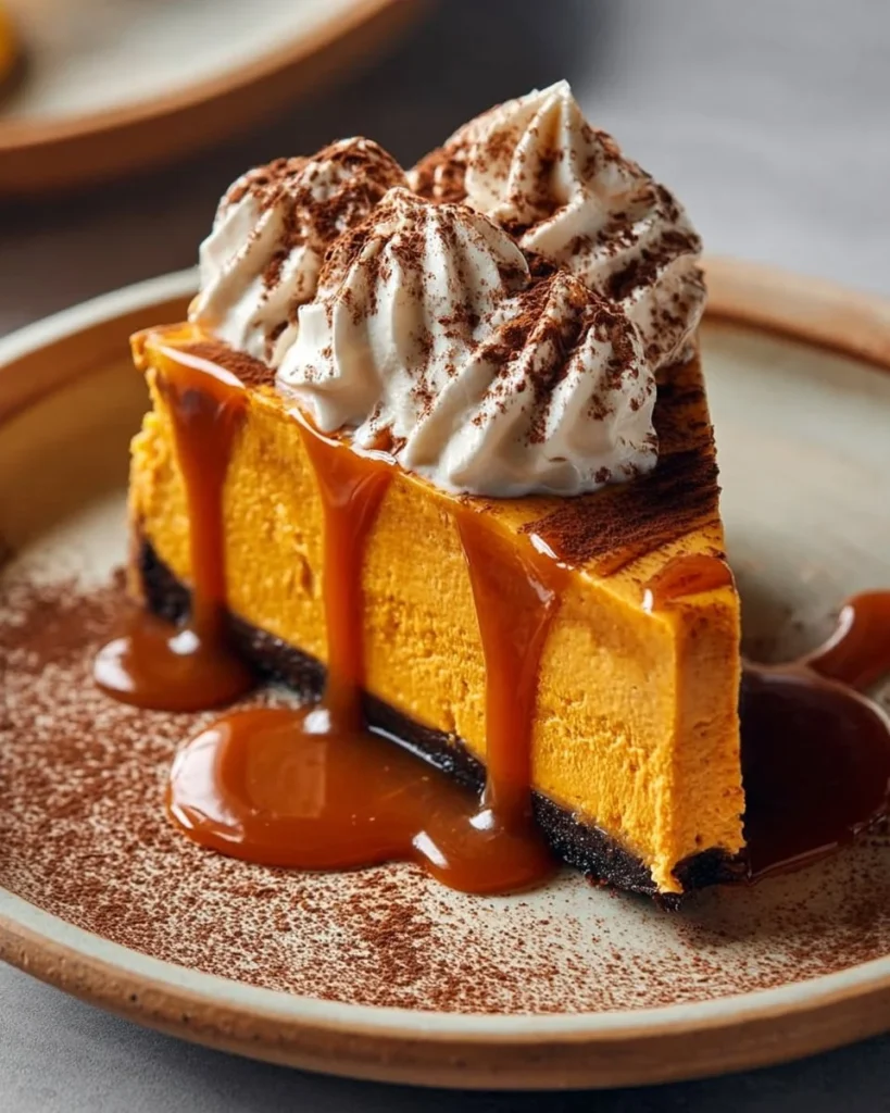 Slice of creamy pumpkin cheesecake topped with whipped cream and spices.