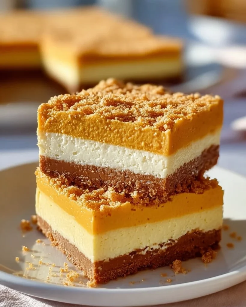 Delicious pumpkin cheesecake bars topped with whipped cream and pumpkin spice