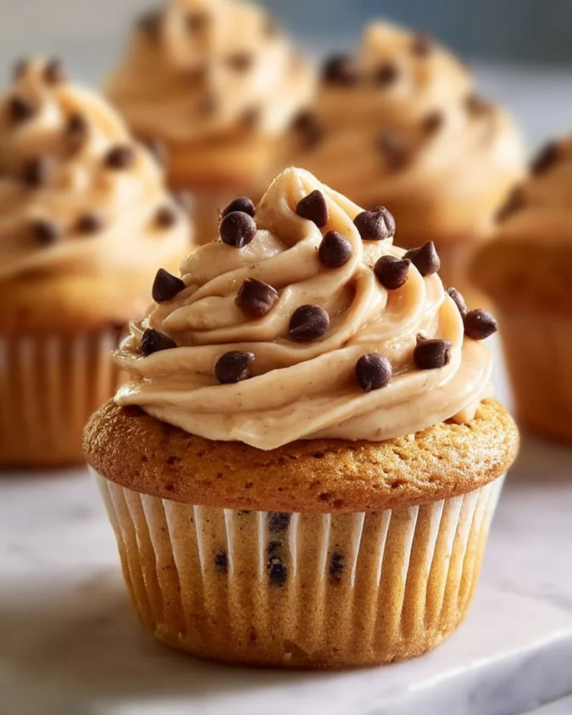 Delicious pumpkin chocolate chip cupcakes topped with creamy buttercream frosting