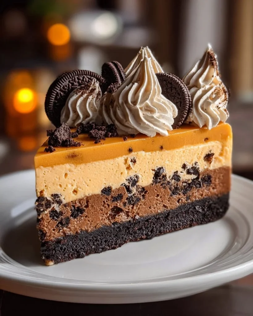 Delicious Pumpkin OREO Cheesecake with creamy filling and OREO crust