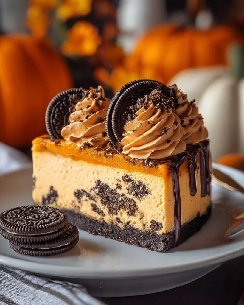 Slice of Pumpkin OREO Cheesecake topped with whipped cream and garnished with OREO crumbs.