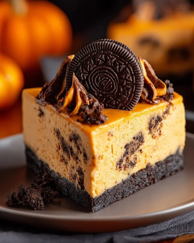 Slice of Pumpkin OREO Cheesecake with whipped cream topping